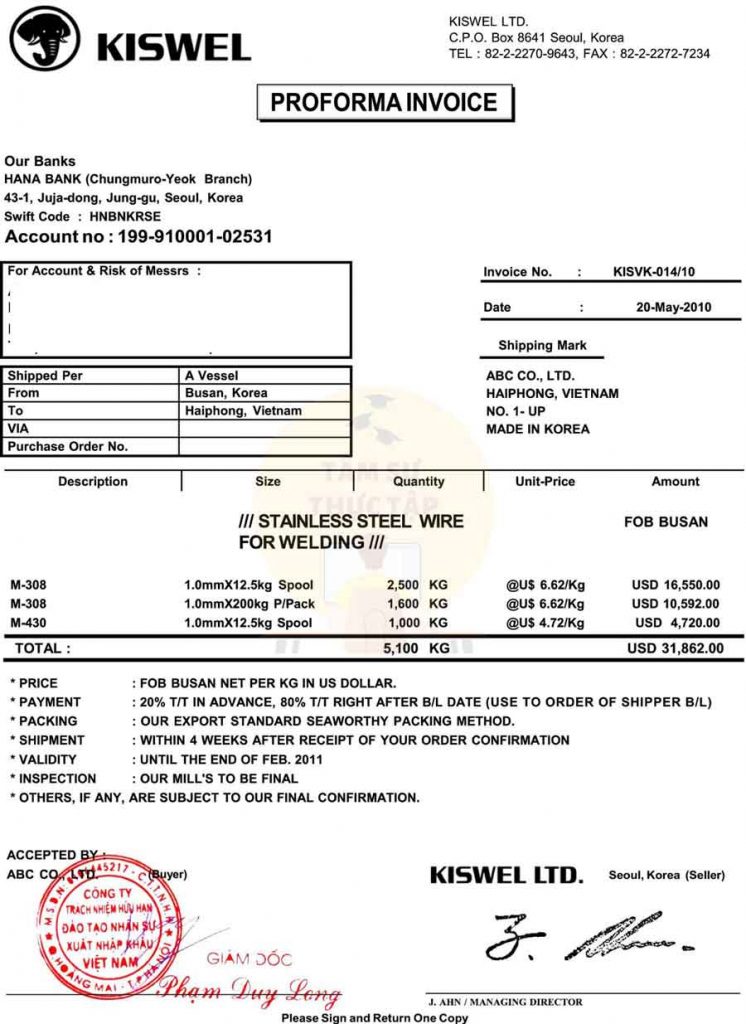 Profoma Invoice nhap khau day han inox