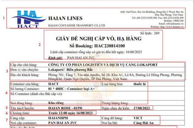 BOOKING NOTE CỦA HÃNG TÀU HẢI AN